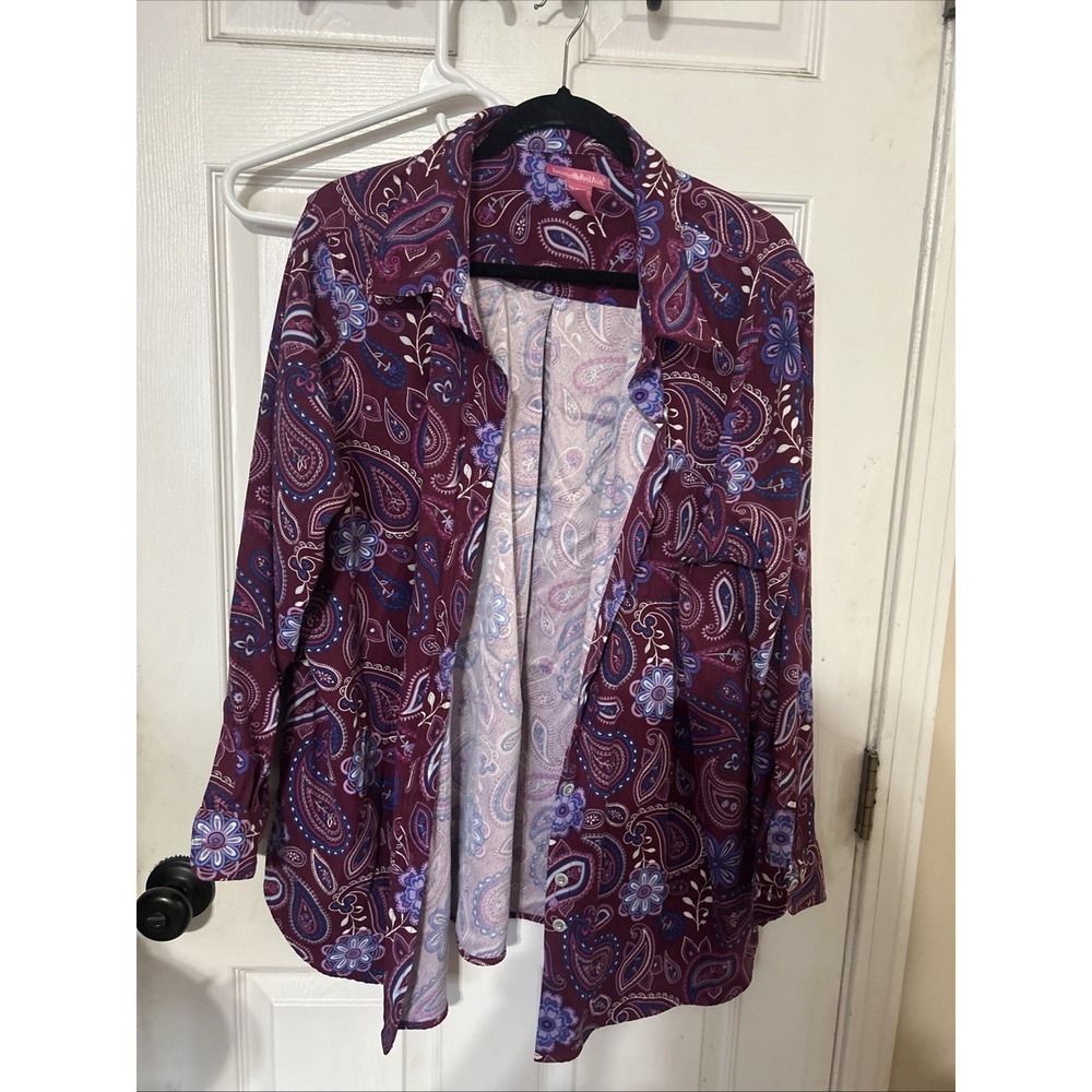 Woman Within Purple Floral Paisley Flannel Button Up Shirt Top Plus 1X